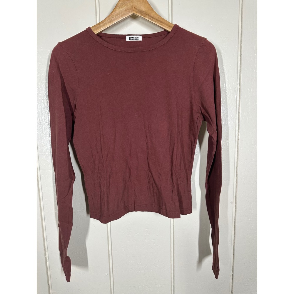 a.made Long Sleeve Top Womens M Burgundy Crew Neck Made in LA Solid Tee